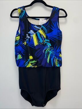 T.H.E. Women’s Blue Tropical Print  Black Bottom One-Piece Swim Suit